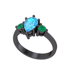 Dia Tria Yüzük - Akuamarin ve kök zümrüt 925 ayar siyah rodyum kaplama gümüş yüzük #xxed3p