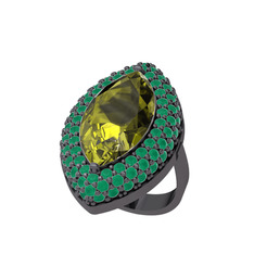 Efsunkar Mekik Yüzük - Peridot ve kök zümrüt 925 ayar siyah rodyum kaplama gümüş yüzük #10bp0ab