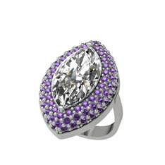 Swarovski ve ametist 8 ayar beyaz altın yüzük