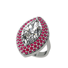 Efsunkar Mekik Yüzük - Beyaz zirkon ve rodolit garnet 14 ayar beyaz altın yüzük #15z3avm