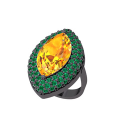 Sitrin ve yeşil kuvars 925 ayar siyah rodyum kaplama gümüş yüzük