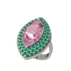 Efsunkar Mekik Yüzük - Pembe kuvars ve kök zümrüt 14 ayar beyaz altın yüzük #167m17n