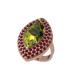 Peridot ve kök yakut 8 ayar rose altın yüzük