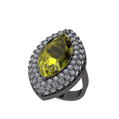 Peridot ve pırlanta 925 ayar siyah rodyum kaplama gümüş yüzük (2.952 karat)