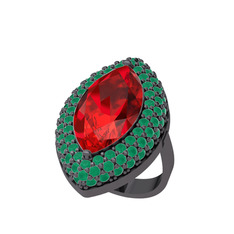 Garnet ve kök zümrüt 925 ayar siyah rodyum kaplama gümüş yüzük