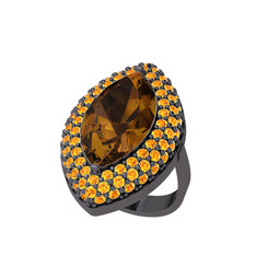 Efsunkar Mekik Yüzük - Dumanlı kuvars ve sitrin 925 ayar siyah rodyum kaplama gümüş yüzük #1r1pk6n