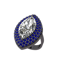 Efsunkar Mekik Yüzük - Swarovski ve lab safir 925 ayar siyah rodyum kaplama gümüş yüzük #1tutdt1