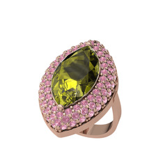 Peridot ve pembe kuvars 14 ayar rose altın yüzük