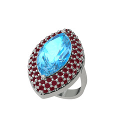 Akuamarin ve kök yakut 18 ayar beyaz altın yüzük