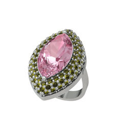 Efsunkar Mekik Yüzük - Pembe kuvars ve peridot 14 ayar beyaz altın yüzük #2tf2kw