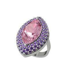 Efsunkar Mekik Yüzük - Pembe kuvars ve ametist 14 ayar beyaz altın yüzük #40v741
