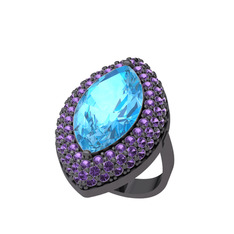 Efsunkar Mekik Yüzük - Akuamarin ve ametist 925 ayar siyah rodyum kaplama gümüş yüzük #4fozrb