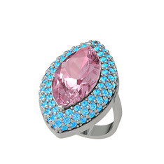 Efsunkar Mekik Yüzük - Pembe kuvars ve akuamarin 18 ayar beyaz altın yüzük #53rpdf