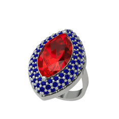 Garnet ve lab safir 18 ayar beyaz altın yüzük