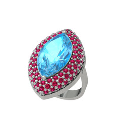 Akuamarin ve rodolit garnet 14 ayar beyaz altın yüzük