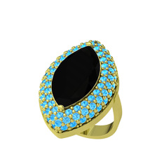 Siyah zirkon ve akuamarin 8 ayar altın yüzük