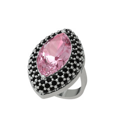 Efsunkar Mekik Yüzük - Pembe kuvars ve siyah zirkon 18 ayar beyaz altın yüzük #mm0lav
