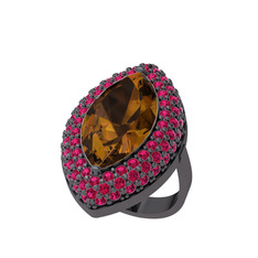 Dumanlı kuvars ve rodolit garnet 925 ayar siyah rodyum kaplama gümüş yüzük