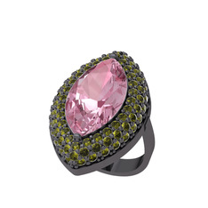 Efsunkar Mekik Yüzük - Pembe kuvars ve peridot 925 ayar siyah rodyum kaplama gümüş yüzük #xxnqlb