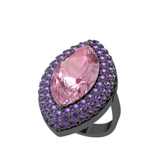 Pembe kuvars ve ametist 925 ayar siyah rodyum kaplama gümüş yüzük