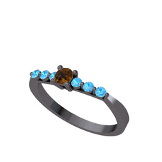 Sapta 7 Taş Yüzük - Dumanlı kuvars ve akuamarin 925 ayar siyah rodyum kaplama gümüş yüzük #11ytyjp