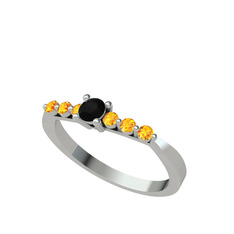 Sapta 7 Taş Yüzük - Siyah zirkon ve sitrin 18 ayar beyaz altın yüzük #14bn3m7