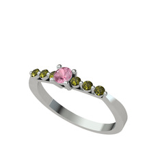 Sapta 7 Taş Yüzük - Pembe kuvars ve peridot 8 ayar beyaz altın yüzük #1hetrj3