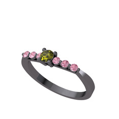Sapta 7 Taş Yüzük - Peridot ve pembe kuvars 925 ayar siyah rodyum kaplama gümüş yüzük #ebek7y