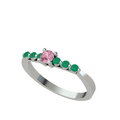 Sapta 7 Taş Yüzük - Pembe kuvars ve kök zümrüt 8 ayar beyaz altın yüzük #otmiat