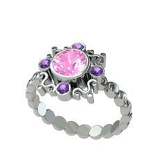 Aidara Vintage Yüzük - Pembe kuvars ve ametist 8 ayar beyaz altın yüzük #1dhnp34