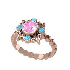 Pembe kuvars ve akuamarin 8 ayar rose altın yüzük