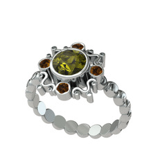 Peridot ve dumanlı kuvars 14 ayar beyaz altın yüzük