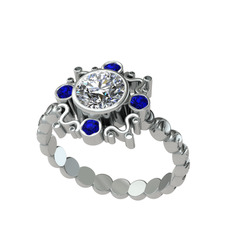 Swarovski ve lab safir 14 ayar beyaz altın yüzük