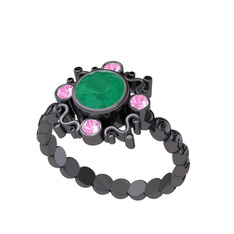 Aidara Vintage Yüzük - Kök zümrüt ve pembe kuvars 925 ayar siyah rodyum kaplama gümüş yüzük #gn98bj