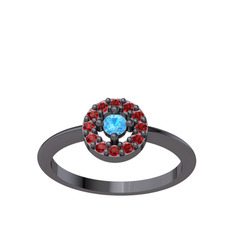 Akuamarin ve garnet 925 ayar siyah rodyum kaplama gümüş yüzük