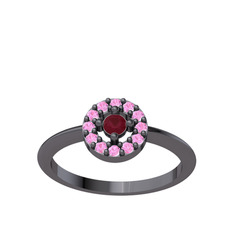 Minimal İris Yüzük - Kök yakut ve pembe kuvars 925 ayar siyah rodyum kaplama gümüş yüzük #18y1pzy