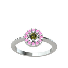 Peridot ve pembe kuvars 18 ayar beyaz altın yüzük
