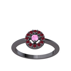 Minimal İris Yüzük - Pembe kuvars ve kök yakut 925 ayar siyah rodyum kaplama gümüş yüzük #9f4a4l