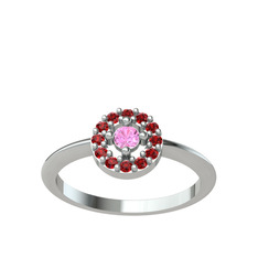 Pembe kuvars ve garnet 14 ayar beyaz altın yüzük