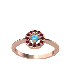 Akuamarin ve kök yakut 925 ayar rose altın kaplama gümüş yüzük