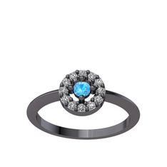 Minimal İris Yüzük - Akuamarin ve swarovski 925 ayar siyah rodyum kaplama gümüş yüzük #v6q023
