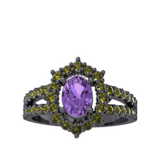 Lobelia Yüzük - Ametist ve peridot 925 ayar siyah rodyum kaplama gümüş yüzük #12roqyy