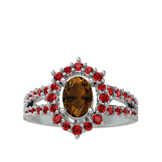 Lobelia Yüzük - Dumanlı kuvars ve garnet 8 ayar beyaz altın yüzük #14ddo6r