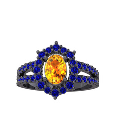 Lobelia Yüzük - Sitrin ve lab safir 925 ayar siyah rodyum kaplama gümüş yüzük #15dpr3k