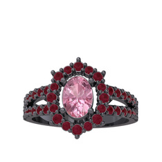 Lobelia Yüzük - Pembe kuvars ve kök yakut 925 ayar siyah rodyum kaplama gümüş yüzük #16d1g25