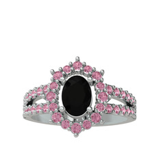 Lobelia Yüzük - Siyah zirkon ve pembe kuvars 18 ayar beyaz altın yüzük #170feyc