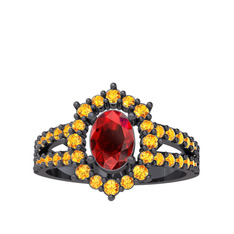 Lobelia Yüzük - Garnet ve sitrin 925 ayar siyah rodyum kaplama gümüş yüzük #1dhok1u