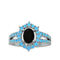 Lobelia Yüzük - Siyah zirkon ve akuamarin 14 ayar beyaz altın yüzük #1fc8x9i
