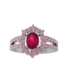 Rodolit garnet ve pembe kuvars 14 ayar beyaz altın yüzük