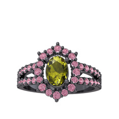 Lobelia Yüzük - Peridot ve pembe kuvars 925 ayar siyah rodyum kaplama gümüş yüzük #1jjiof6